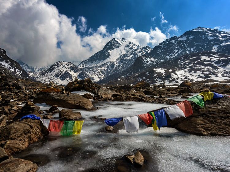 A bridge of prayer flags in a glacial river of Langtang